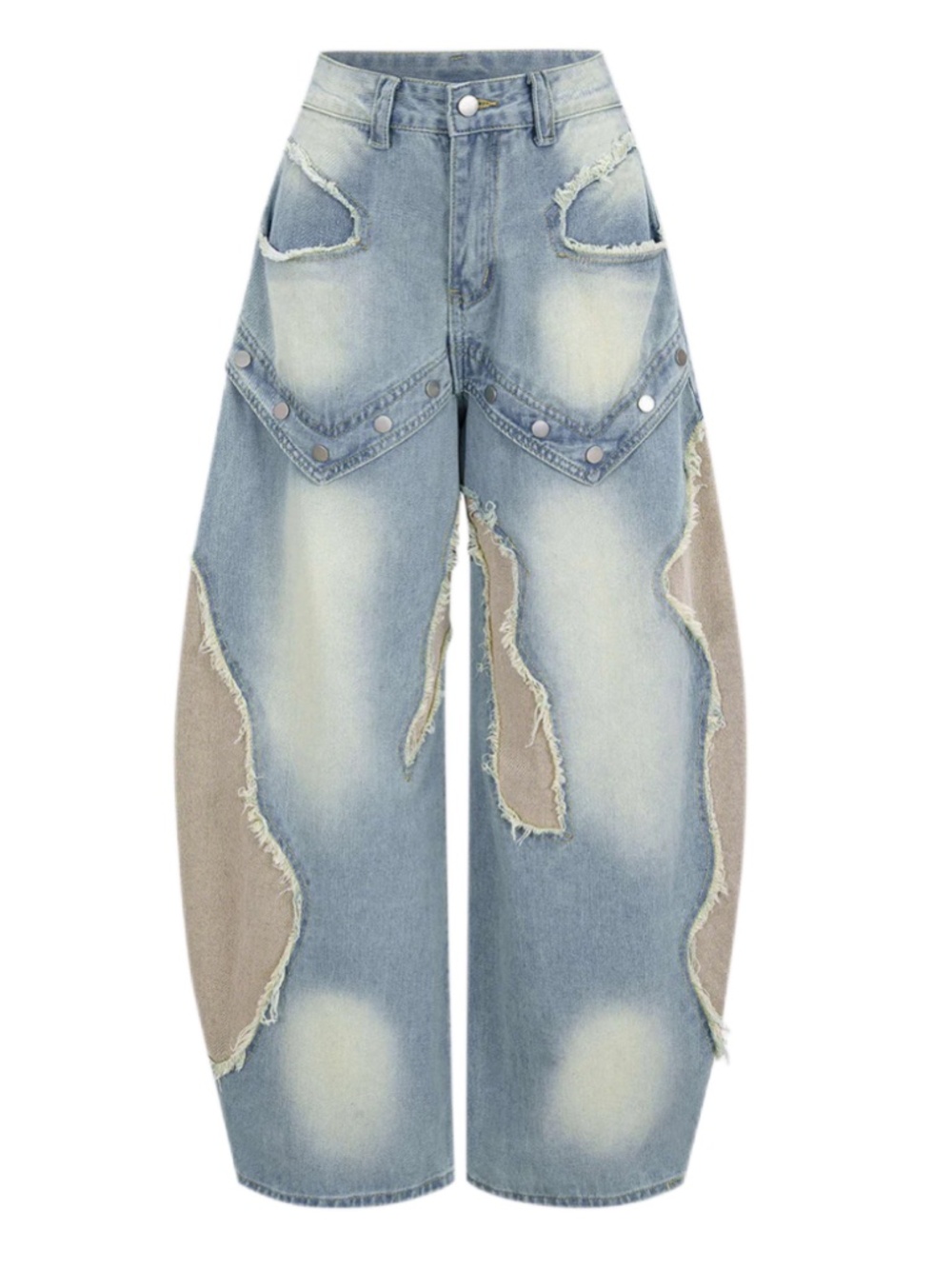 Micas Denim Patchwork Frayed Rivets Straight-Leg Jeans